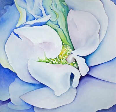 Aquarellbild einer abstrahierten Rose in Blautönen